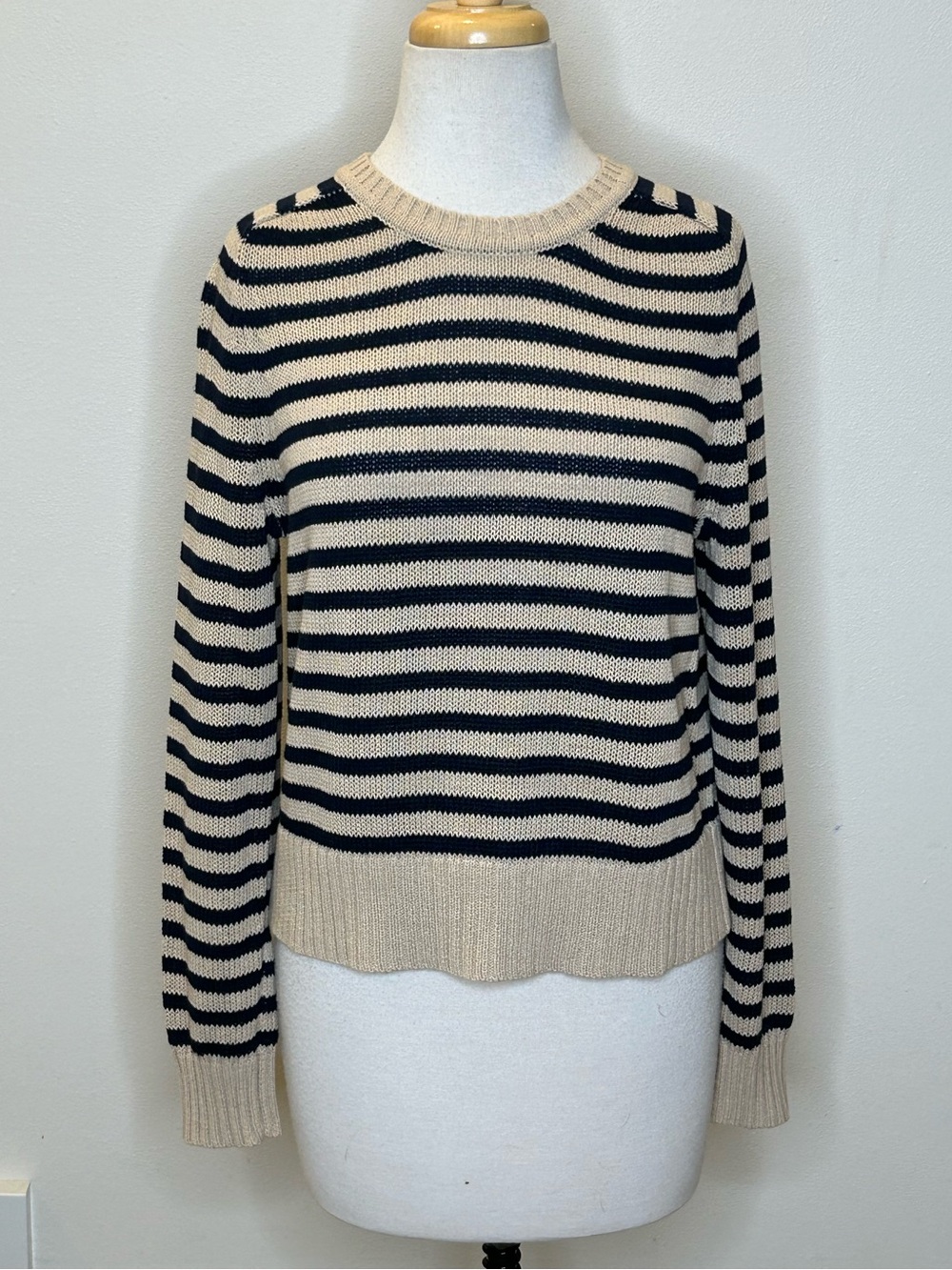 J. McLaughlin Black and Beige Striped Crewneck Sweater S Minimalist